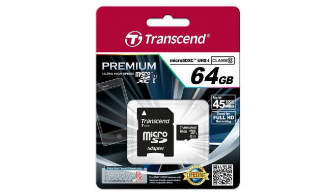 Transcend microSDXC/SDHC Class 10 UHS-I 64GB with Adapter