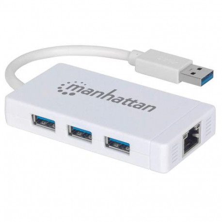 Manhattan USB-A 3-Port Hub with Gigabit Ethernet Adapter, 3x USB-A Ports, 5 Gbps (USB 3.2 Gen1 aka U