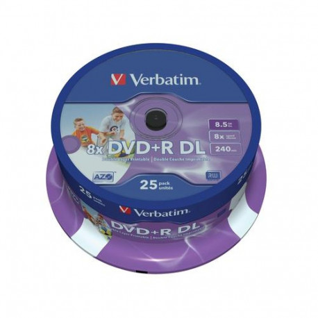 Matricas DVD+R DL Verbatim 8.5GB Double Layer 8x AZO Wide Printable non ID 25 Pack Spindle
