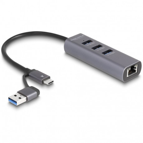 "DELOCK 3 Port USB 5 Gbps Hub + Gigabit LAN mit USB Type-C oder USB Typ-A Anschluss im Metallgehuse"