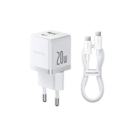 Seina kiirlaadija Palm 20W USB + USB-C QC3.0 PD3.0 koos USB-C kaabliga 1m, valge