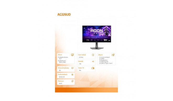 AG326UD 31.5-tolline 4K QD-OLED 165Hz HDMIx2 DP pööratav kõlaritega monitor