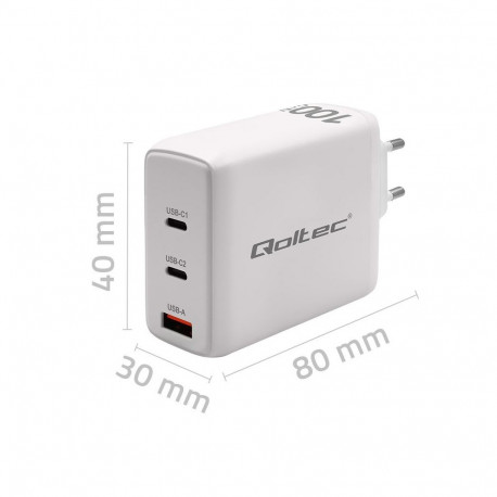 Qoltec seinapealne laadija 100W GaN 5-20V 1.5-5A 2 x USB-C PD 1 x USB QC 3.0, valge