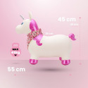 Skoczek gumowy dla dzieci JEDNOROŻEC 60 cm biały z błyszczącym rogiem, z bandaną do skakania z pompk
