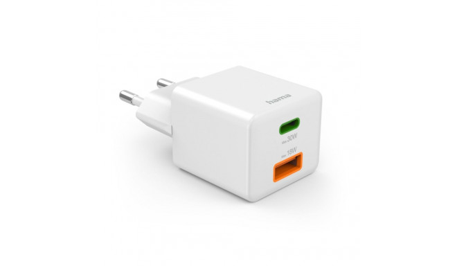 Hama laadija mini 30W PD/QC 1x USB-C 1x USB-A, valge