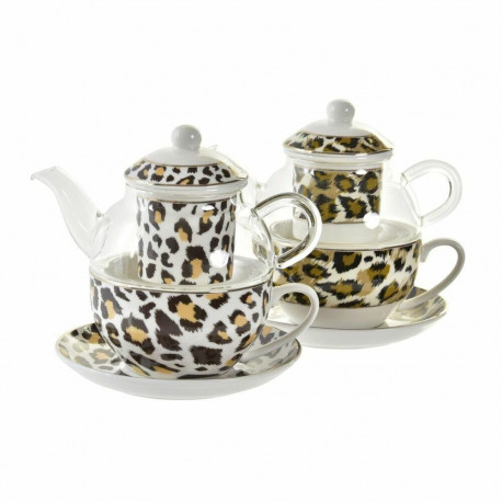 Teekann DKD Home Decor Leopard Kristall Portselan Pruun Läbipaistev Valge (2 Ühikut)