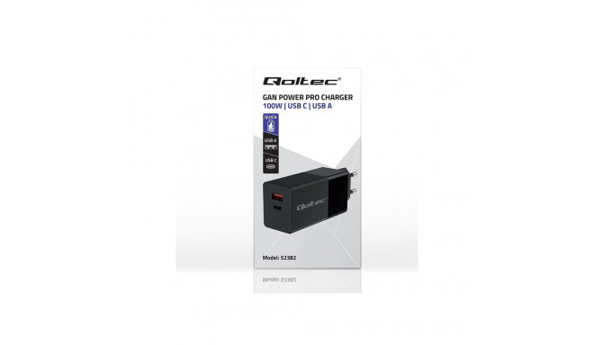 Power Charger - Qoltec 52382 GaN 100W PD USB Type-C & A Black