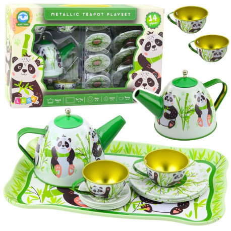 Panda teekomplekt 14-osaline metallist teekannaga tasside ja taldrikutega, roheline