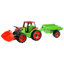 Pojazd traktor z łyżką i przyczepą czerwono-zielony