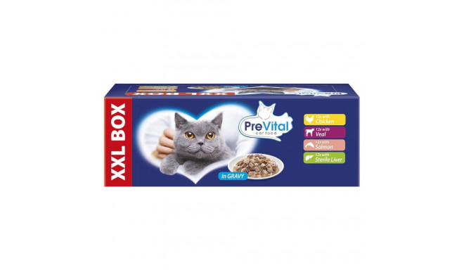 Wet Cat Food - PREVITAL XXL BOX Flavor Mix With Chicken, Veal, Salmon, Liver in Gravy  48 x 100g