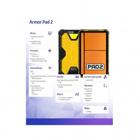 Armor Pad 2 4G 11-tolline 8/256GB must-kollane tahvelarvuti