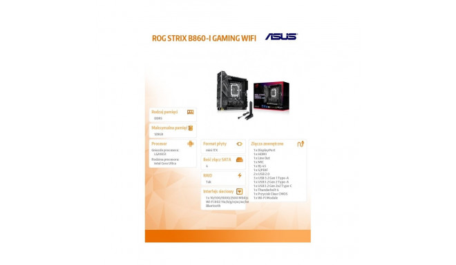 Motherboard ROG STRIX B860-I GAMING WIFI s1851 4DDR5 TB ITX