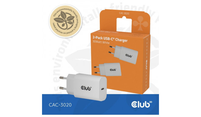 "Club3D Lifestyle Ladegerät USB-C 30Watt. 2Stk weiß retail"