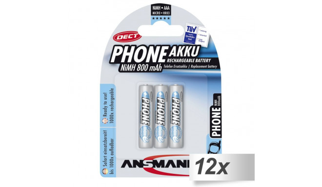 12x3 Ansmann maxE NiMH aku Micro AAA 800 mAh DECT telefon