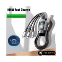100W 3 In 1 Transparent Pilot Lamp Super Fast Charging Cable 6A Universal with Type C, Micro-USB, Li
