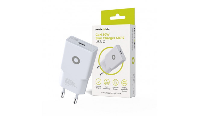 Toalaadija adapter USB-C juhtmele 30W GaN, valge, õhuke, PD kiirlaadimine, Mobile Origin