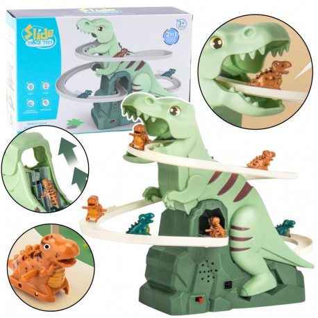 Mängukomplekt dinosaurusraja, liuguriga, ronimiskohaga ja rongiga, valguse ja heliga