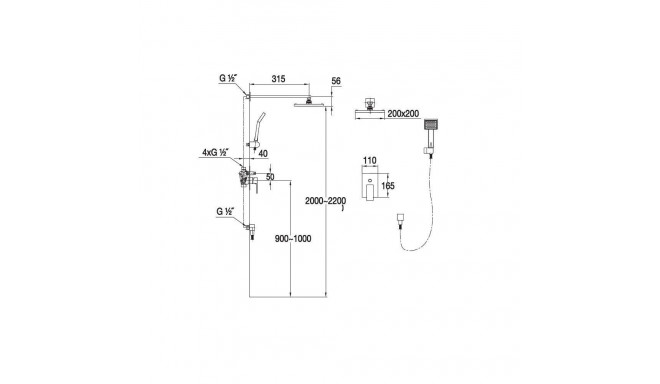 peidetud dušisüsteem Blue Water Toronto TOR-ZKP.150C, must matt
