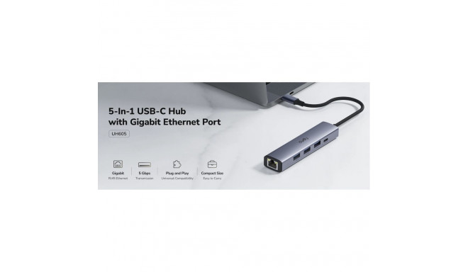 Cudy UH605 USB-C 5-in-1 Hub Gigabit LAN 3x USB-A 3.0 Power Input Aluminum Grey