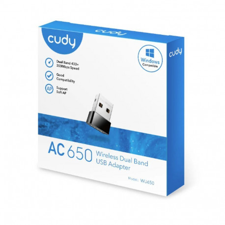 Cudy WU650 AirNano AC650 Dual Band WiFi USB Adapter Nano Size USB 2.0 Plug and Play Black