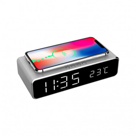 Gembird Digital Alarm Clock with Wireless Charging, Silver