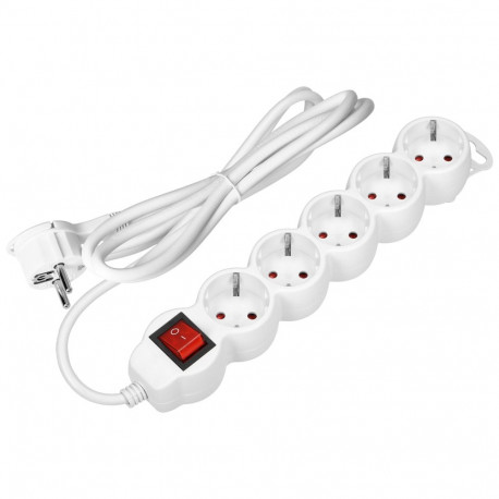 Przedłużacz 5-krotny 2P+Z (Schuko) z wyłącznikiem, 1,5m H05VV-F 3x1,5mm2, Imax=16A, płaska wtyczka, 