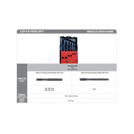 GWINTOWNIKI ZESTAW M3-M12 DIN-371B/DIN-376B (6H) HSSE CZP-8 OPTI