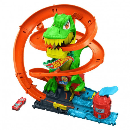 Hot Wheels City T-Rex Blaze Battle mängukomplekt ja 1:64 mõõtkavas valatud auto, dinosauruse vaenlan
