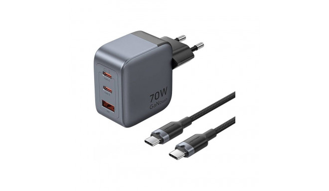GaN Vention USB-C+C+A 70W laadija + USB-C-C kaabel 1 m (hall) 6922794789159