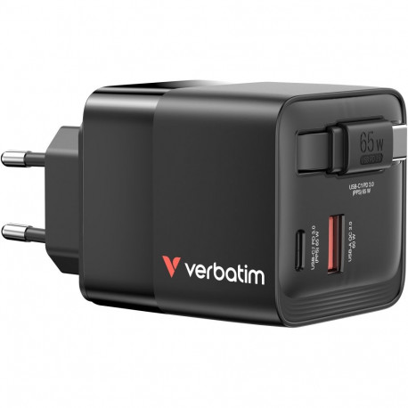 GaN-Ladegerät 65W, 1x USB-A , 2x USB-C, ausziehbares Kabel (schwarz, PD 3.0, QC 3.0)