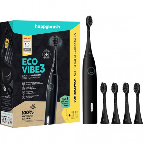 happybrush ECO VIBE 3 Starter Kit All Black + 4 Refills, Electric Toothbrush (black)