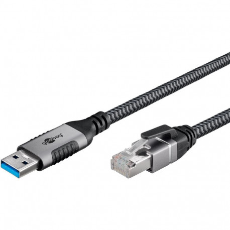 Goobay Ethernet cable USB-A 3.2 Gen1 plug > RJ-45 plug (black/silver, 7.5 meters, braided textile sh