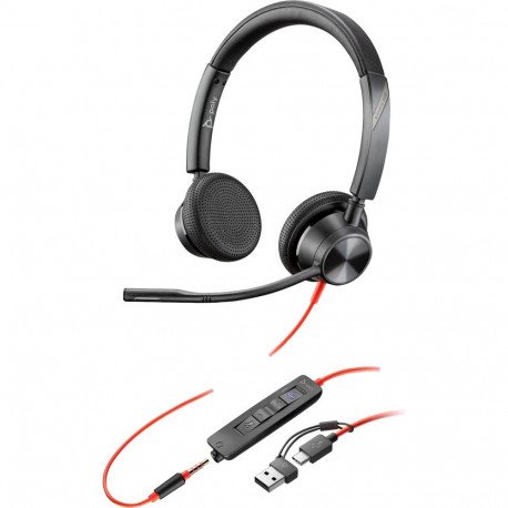 HP Poly Blackwire 3325M USB-C Stereo Headset + 3.5mm Jack + USB-C/A Adapter (Black, Certified for Mi
