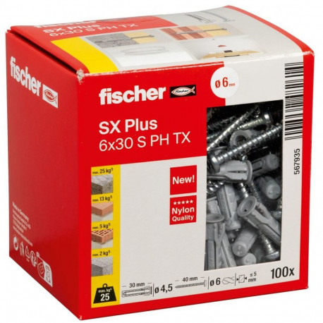 fischer dowel SX Plus 6x30 PH TX (light grey, 100 pieces, with TORX screw)