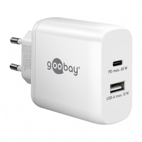 goobay USB-C dual fast charger, PD, GaN, 65 watts (white, 1x USB-C, 1x USB-A, Power Delivery)