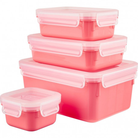 CLIP & CLOSE Color Frischhaltedose, 4-teiliges Set (koralle/transparent, rechteckig, 4 Dosen + 4