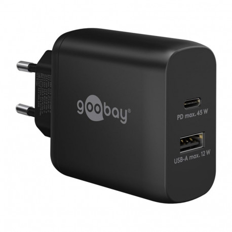 USB-C PD Dual-Schnellladegerät 45 Watt (schwarz, 1x USB-A, 1x USB-C PD, GaN-Technologie)