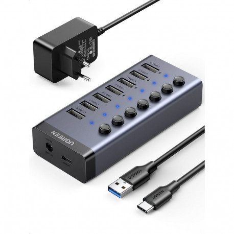 Hub USB 7-Port (USB-A 3.0, 4 Ports for Charging) with Power Supply DC 12V/2A, Gray