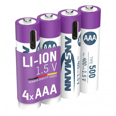 Laetav aku AAA 1,5V 500mAh (Li-Ion 0,74Wh), USB-C tippväljundvõimsusega DC 1,5V 1A (4tk pakendis) AN