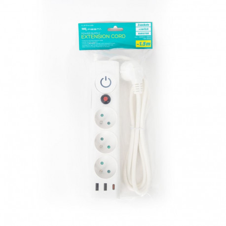 FIESTA EXTENSION CORD 1,5M 10A 3 SOCKET 3 USB TYPE E FRENCH WHITE