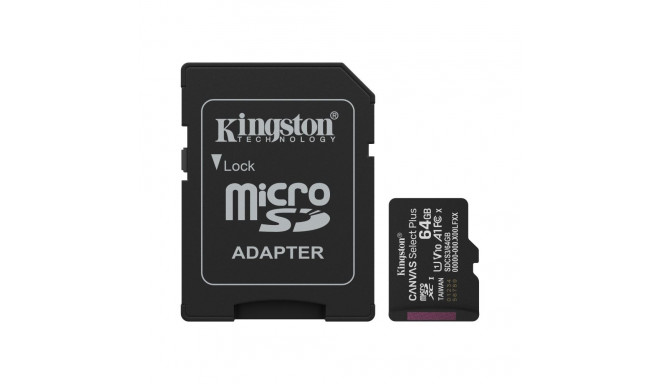 KINGSTON 64GB microSDXC Canvas Select Plus Gen3 100MB/s A1 kaart + adapter