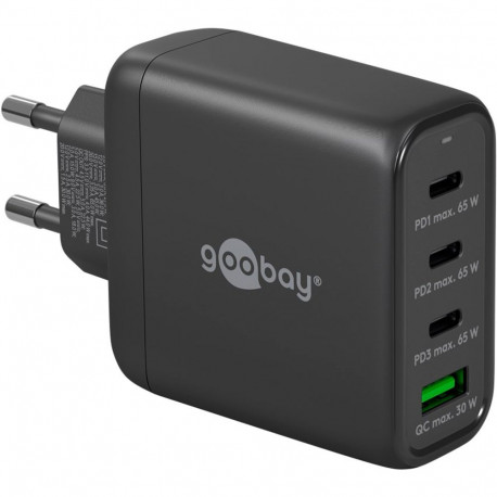 goobay USB-C multiport quick charger, PD, GaN, 68 watts (black, 3x USB-C, 1x USB-A, Power Delivery, 