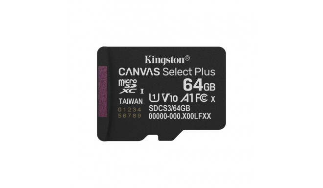 Kingston Technology 64GB micSDXC Canvas Select Plus Gen3 100R A1 ühekordne pakend ilma ADP-ta