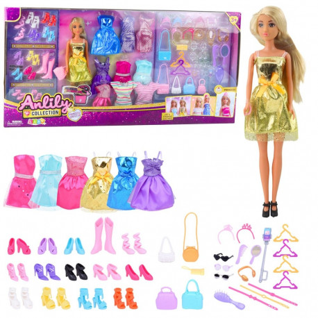 Duży Zestaw Modowy Kolekcja Anlily Lalka Sukienki Akcesoria 65el.