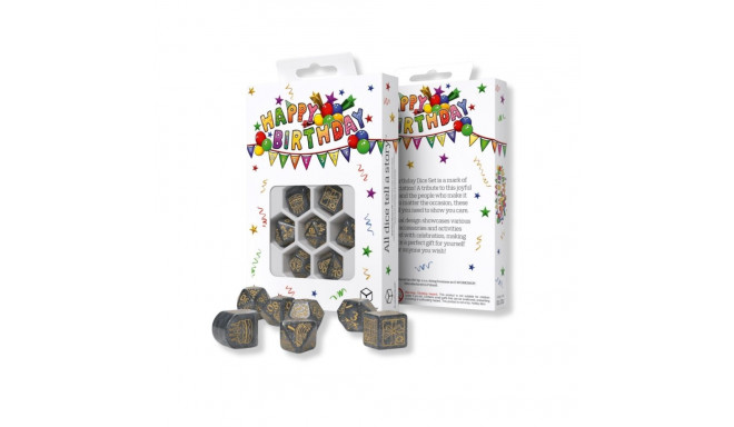 Dice Set - Confetti Q-WORKSHOP Happy Birthday 7 Dice Plastic Gray Gold