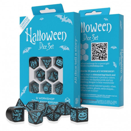 Dice Set - Q-WORKSHOP 20 Years Halloween 8 Dice Plastic Black Glitter Turquoise