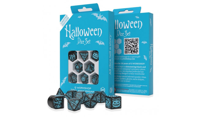 Dice Set - Q-WORKSHOP 20 Years Halloween 8 Dice Plastic Black Glitter Turquoise