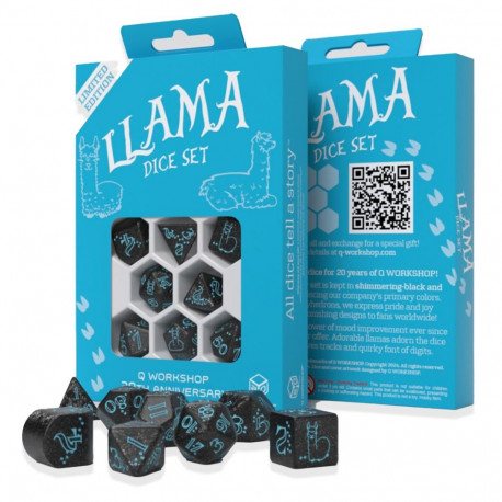 Dice Set - Q-WORKSHOP 20 Years Llama 8 Dice Black with Turquoise Engravings