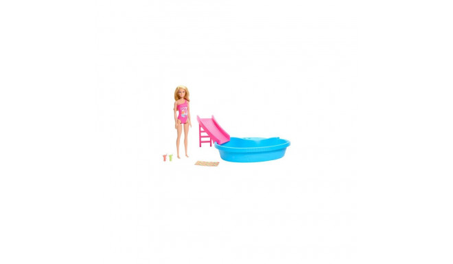 Barbie Doll and Pool Playset, Blonde with Pool, Slide, Towel and Drink Accessories