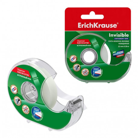 Stationery tape ErichKrause Invisible, transparent with matte surface, 12mmx20m, in dispenser